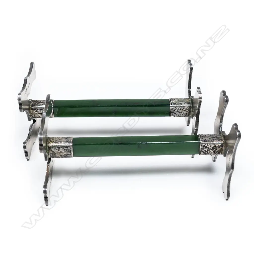 Frank Grady (Wellington) pounamu and silver 'NZ' knife rests, Image 1++